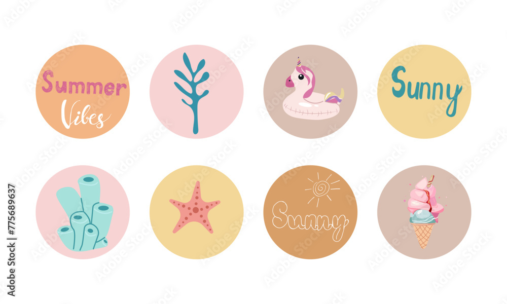 Cute vector summer coral , fish star , unicorn pool , ice cream and lettering icons in color circles for stickers and icons for planner , banner designs