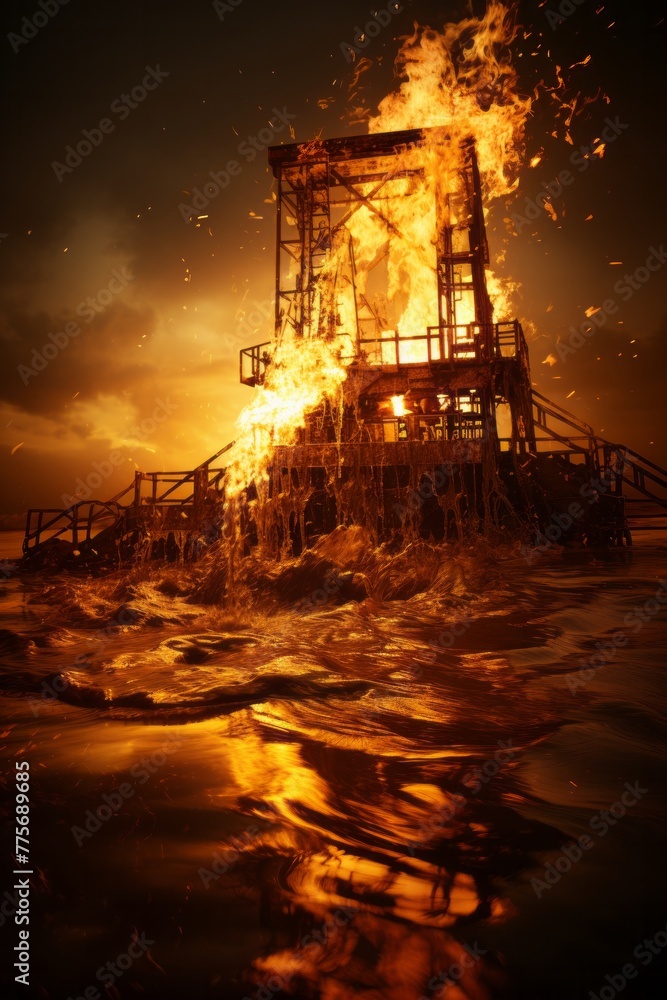An oil rig on fire is seen blazing in the middle of the ocean, billowing black smoke and flames into the sky. The intense heat and chaos illustrate a dangerous emergency situation