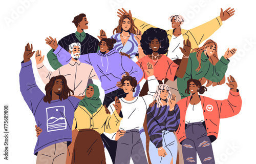 Happy people greeting, welcome. Crowd waving with hands up together. International team support. Group of diverse colleagues gesturing Hello. Flat isolated vector illustration on white background