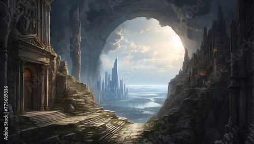 Beautiful fantasy backround, mountains and fantasy castle Generative Ai