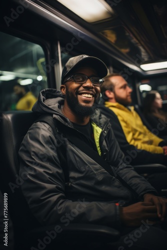 A man sitting on a bus and smiling directly at the camera. He appears cheerful and relaxed during his ride