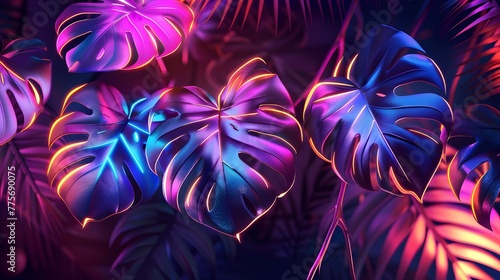Tropical leaves in neon colors on black background. Banner design, Paradise plant, greenery chic card. Stylish fashion banner. Neon light template. All leaves are not cut. Isolated and ai generated 