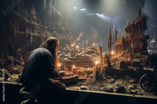 A man is seated on a ledge, carefully studying a detailed model of a city in front of him. He seems focused and engaged in the intricate miniature structures