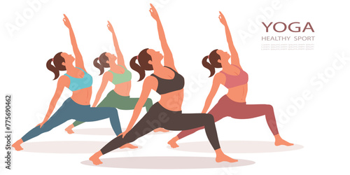 fitness, sport, yoga and healthy lifestyle concept - group of woman making yoga pose on white background.