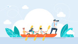 A man manages a team of women. Leadership to lead business in crisis, vision or forward strategy for success concept, businessman leader with binoculars lead business team ship. Flat illustration