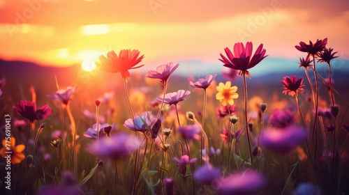 Beautiful spring flowers in the meadow at sunset. Toned.