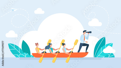 A man manages a team of women. Leadership to lead business in crisis  vision or forward strategy for success concept  businessman leader with binoculars lead business team ship. Flat illustration