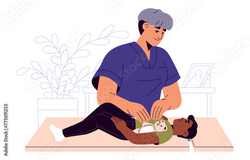 Gastroenterologist examines boy with stomach sick diagnosis. Pediatric medic, doctor palpates kid's belly. Pediatrician checkup, care about children health. Flat isolated vector illustration on white