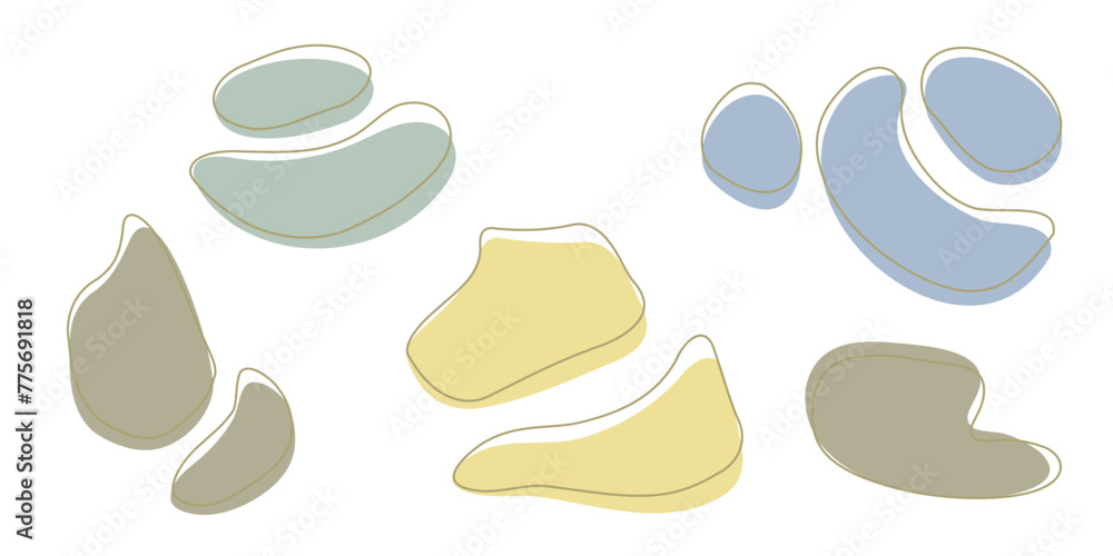Set of organic irregular blob shapes with stroke line. Yellow random deform spot fluid circle Isolated on white background Organic amoeba Doodle elements. Abstract rounded forms Vector illustration.
