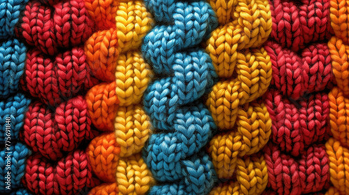 Wool knitted plateau background. Multi-colored braids knitted with knitting needles