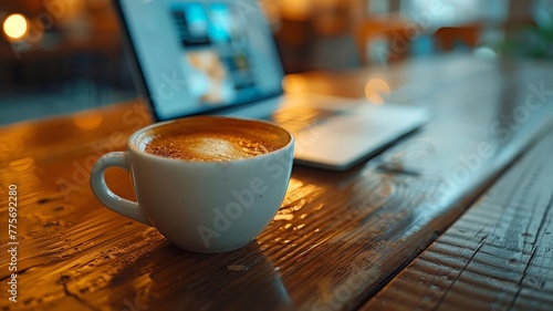 A cozy coffee moment with steaming cup beside an open laptop in a cafe