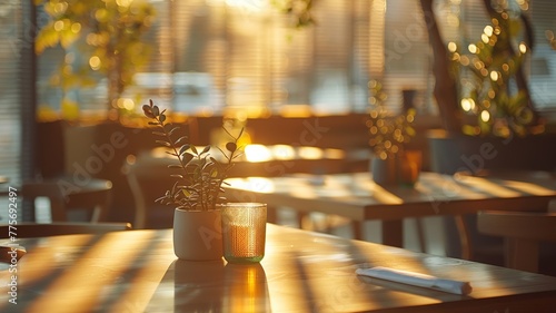 Golden morning light caresses a serene cafe setting with a touch of greenery