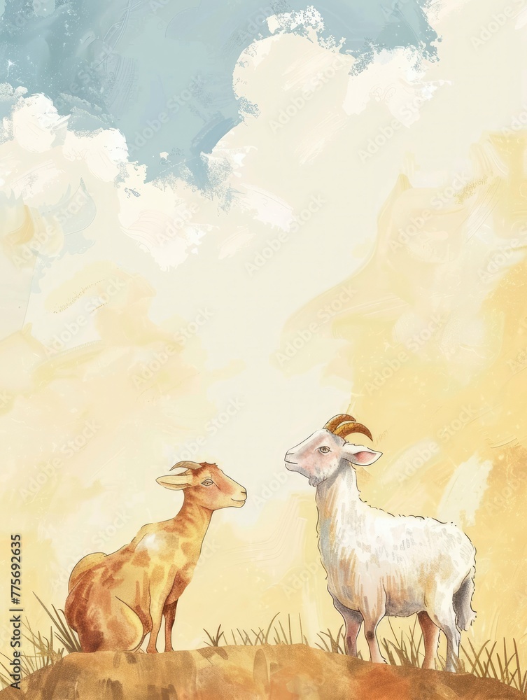 Fototapeta premium goat and sheep on islamic background with clouds and copy space - generative ai