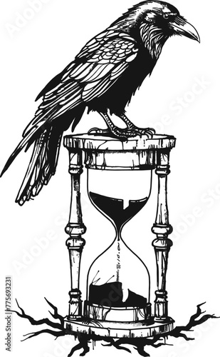 Raven sitting on hourglass, sand clock, vector illustration.