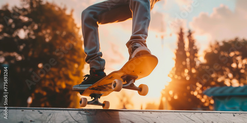 Teenage skater riding on a skateboard in urban area on sunny summer evening.