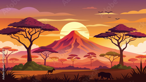 African savannah landscape at sunset vector illustration. Cartoon savanna landscape with mountains  trees and wild animals