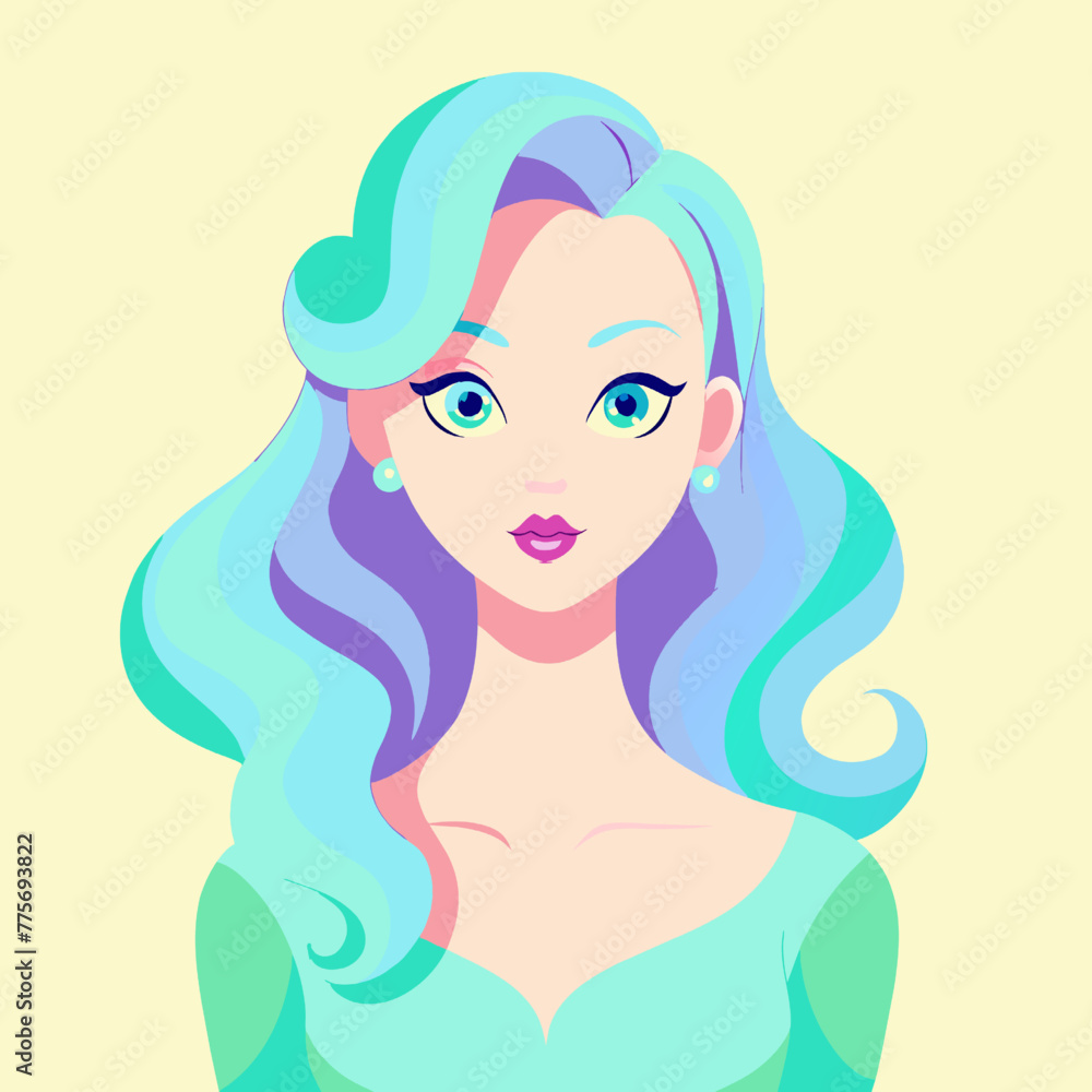 Beautiful girl with blue hair. Vector illustration in cartoon style. Beautiful girl with blue hair. Vector illustration in cartoon style.