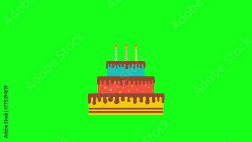 Animated Birthday cake with burning candles on green screen chroma key background. 4k video animation of birthday cake.