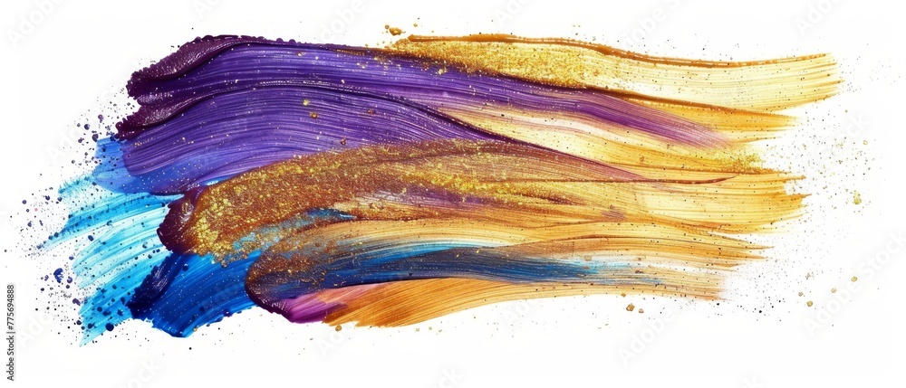 An abstract brush stroke clip art image isolated on a white background. This one includes a dynamic watercolor smear, golden yellow violet purple blue paint texture, acrylics, grunge, gold glitter,