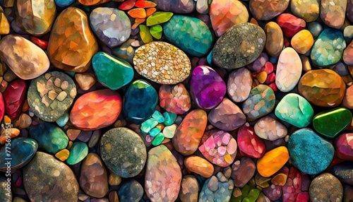 a calming background wallpaper featuring a collection of multicolored stones arranged in a tranquil setting, invoking a sense of peace and relaxation