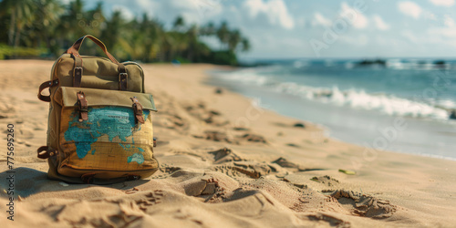 A backpack with a map of the world on it is laying on the sand at the beach. The scene is peaceful and relaxing  with the ocean in the background and the sun shining down on the sand