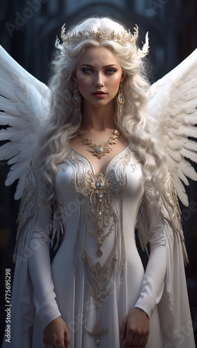 a beautiful angel woman with white angel wings and detailed Generative Ai