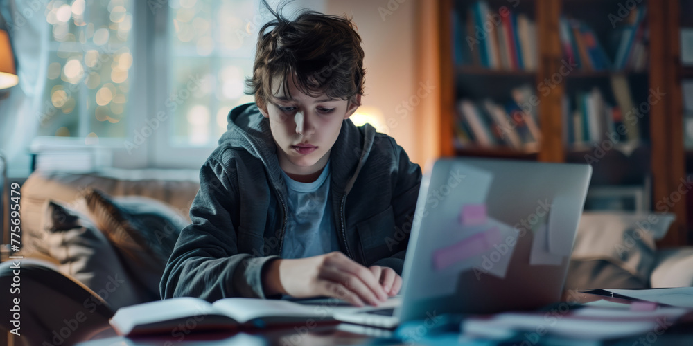 Young ten years old student using his laptop computer at home. Teenage boy studying at his room. Child doing homework using a computer. Young ten years old student using his laptop computer at home. Teenage boy studying at his room. Child doing homework using a computer.