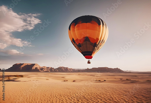 Colorful hot air balloon flies over the desert landscape at sunrise
