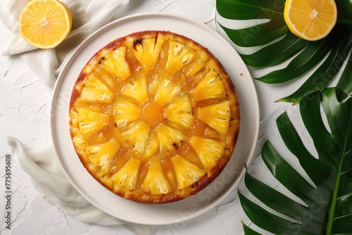 Crushed, pineapple, upside down cake, fine tableware, tropical leaves, space for text