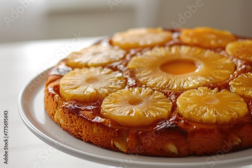 Crushed, pineapple, upside down cake, fine tableware, tropical leaves, space for text