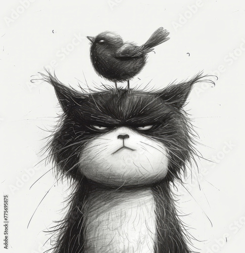 Pencil drawing of an angry annoyed black cat with his little friend standing on his head on white background photo