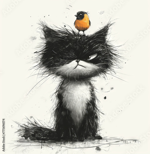 Pencil drawing of an angry annoyed black cat with his little friend standing on his head on white background photo