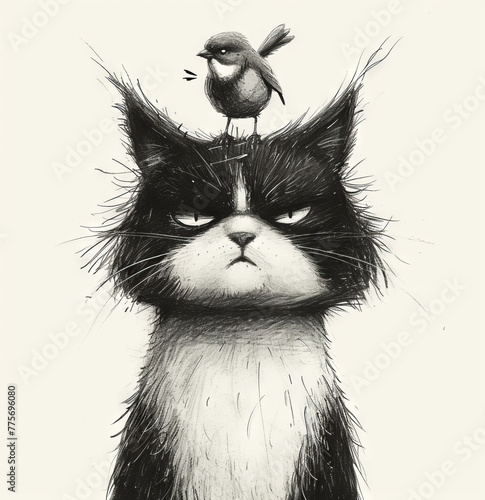 Pencil drawing of an angry annoyed black cat with his little friend standing on his head on white background photo