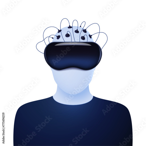 A virtual reality helmet with artificial intelligence connected by wires to the human brain. Mind control concept. Vector illustration.