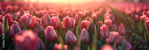 Field of pink tulips blossoming on a sunset. Seasonal tulip bloom in Netherlands. #775696296