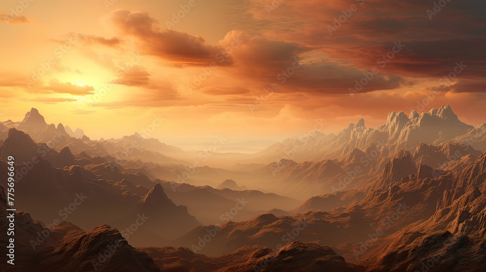 An artistic 3D rendering of a mountain range at sunset, with realistic textures and a serene, golden sky Ai Generative