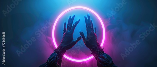 An abstract neon background with mannequin hands, a glowing pink blue ring, a round shape, a mysterious witch drawing, an occult ritual, a halloween mockup, ultraviolet light, and a fashion concept.