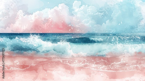 Pink watercolor background of a realistic sea beach