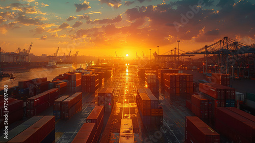 Cargo ship at sunrise in a busy port city