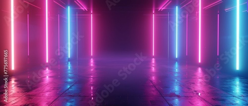 Three-dimensional render of pink blue neon glowing light in an empty room. Concept of futuristic energetic technology. Stage design with LED lamp panels.