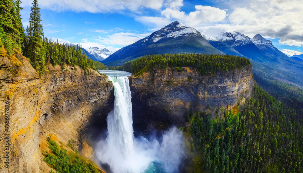 Fototapeta premium Aerial view of a beautiful large waterfall in mountain in a green forest with river, lake and snow capped peaks against a clear blue sky with clouds. Generative Ai.