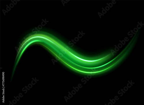 Green shiny sparks of spiral wave. Curved bright speed line swirls. Shiny wavy path. Rotating dynamic neon circle. Magic golden swirl with highlights. Glowing swirl bokeh effect. vector