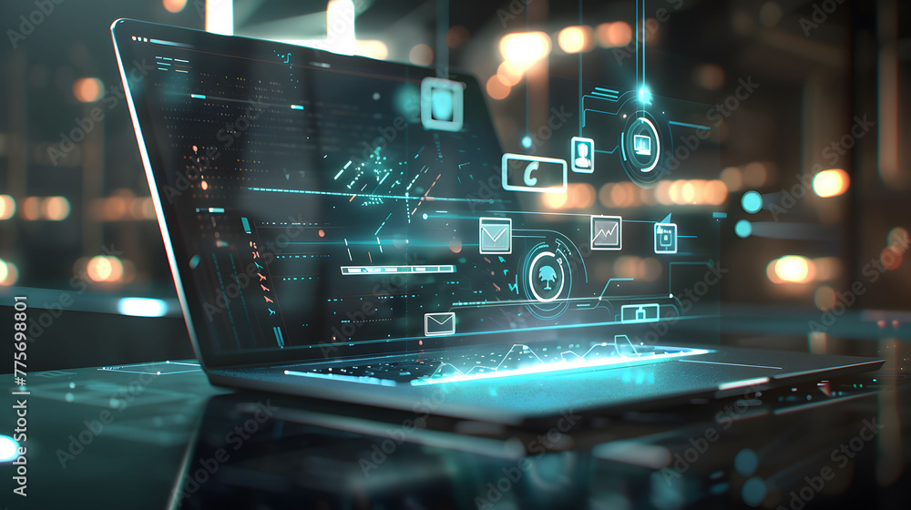 A futuristic laptop displaying advanced graphical user interface with interactive icons and data analytics, glowing on a desk in a dimly lit room. A futuristic laptop displaying advanced graphical user interface with interactive icons and data analytics, glowing on a desk in a dimly lit room.