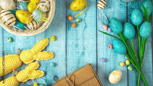 Slika na platnu easter holiday card with basket, decorated easter eggs and easter's knick knack