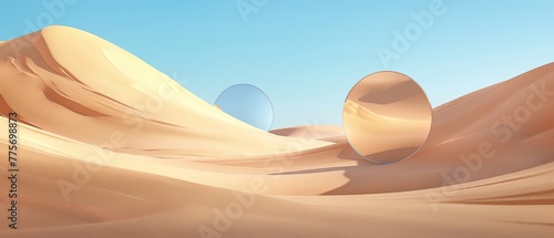 3D render, abstract fantastic panoramic background with round mirror geometric shapes among the desert sand dunes. Study under the clear blue sky.