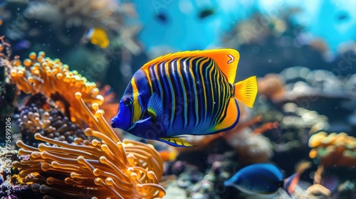Colorful royal angelfish swimming in coral reef  - Generative AI photo