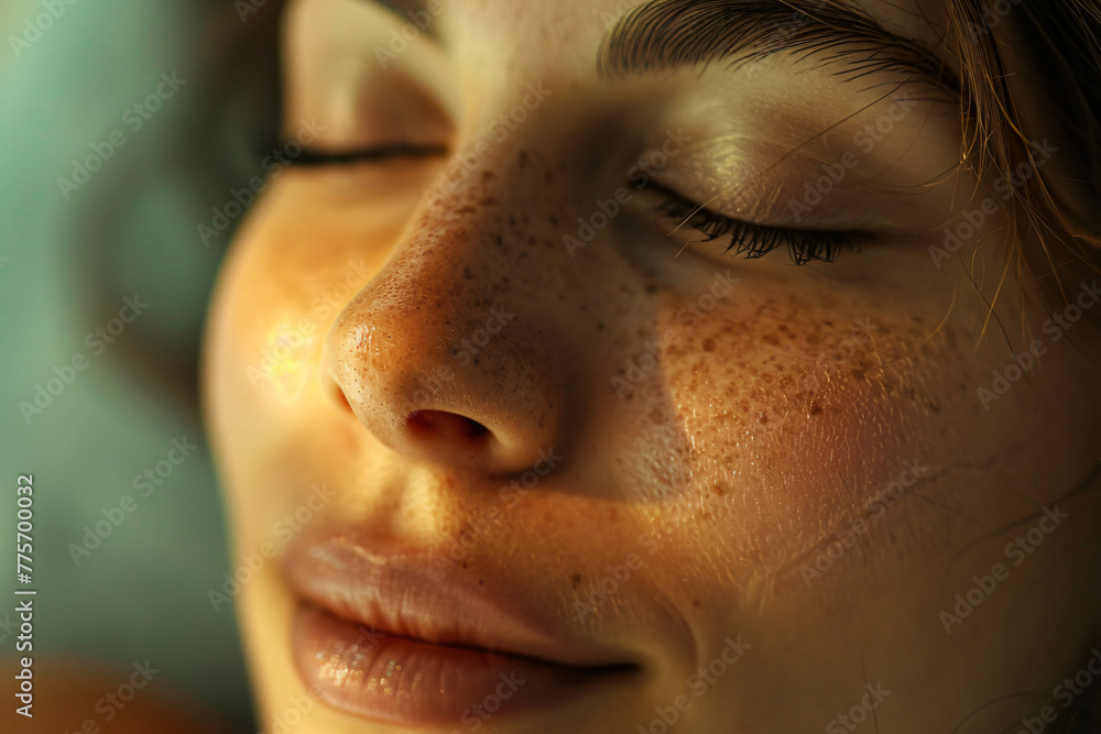 Fototapeta premium Photo of a Woman receiving a facial massage in a spa salon, her eyes closed and a relaxed expression on her face. Closeup portrait of a beautiful woman getting her head massaged at a beauty center