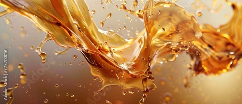 A 3D abstract liquid splash of honey, oil, tea, juice, syrup, caramel, and syrup. photo