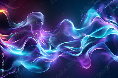 Abstract background with neon glowing light blue and purple colors. illustration of blurred shapes in the form of waves on a dark backdrop for design