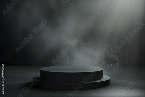 Abstract black background with empty round podium for product presentation mockup, stone pedestal on dark floor. Simple scene for advertising design display showcase